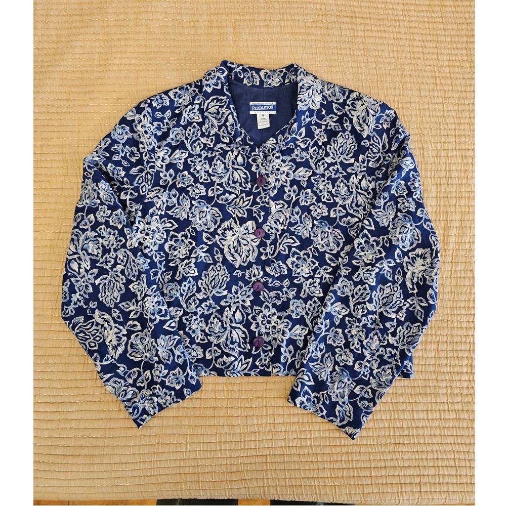Pendleton Vintage 90s Blue Floral Cropped Blazer Jacket Shacket Lightweight